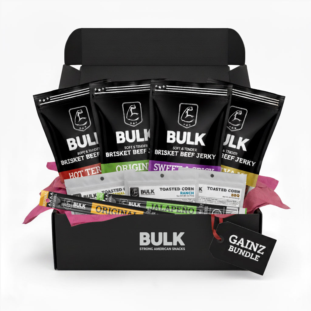 Gainz Box - Starter Kit - 4 All-Natural Brisket Bags 2.25 oz x 2 Meat Sticks 1 oz x 3 Toasted Corn Bags