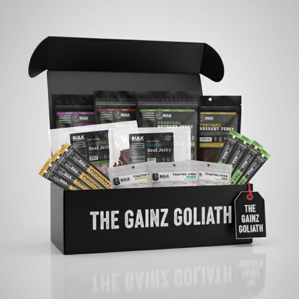 The Gainz Goliath - 8 1 oz Meat sticks x 2 Texas Style 16 oz x 4 All-Natural Brisket Jerky 7 oz x 3 Toasted Corn 4 oz